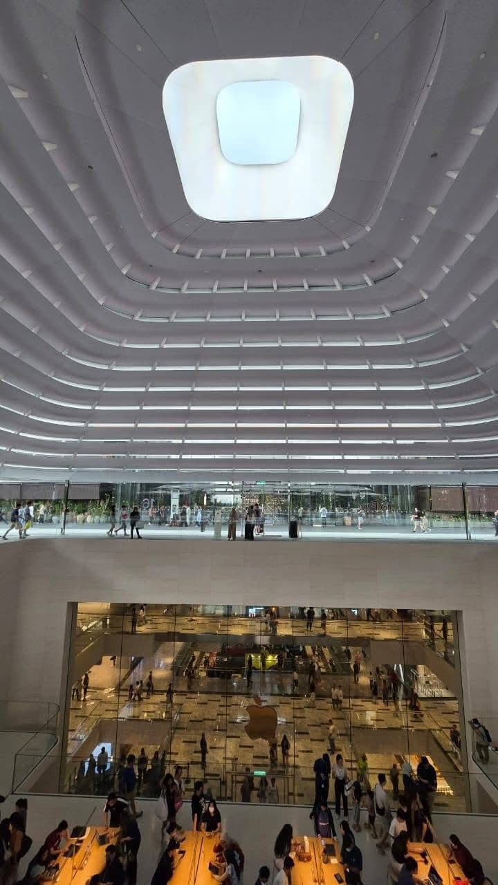 Looking up through the stepped, back-lit ceiling ribs to the central skylight